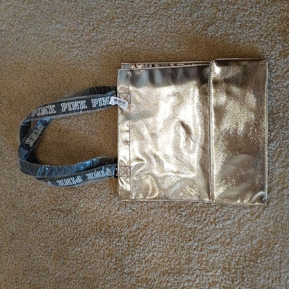 NWT PINK Victoria Secret Silver Metallic Tote Bag Signature Logo - Picture 5 of 10